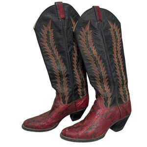 Larry Mahan Western Boots Womens 8.5B Python Snakeskin Red Color Block Rodeo